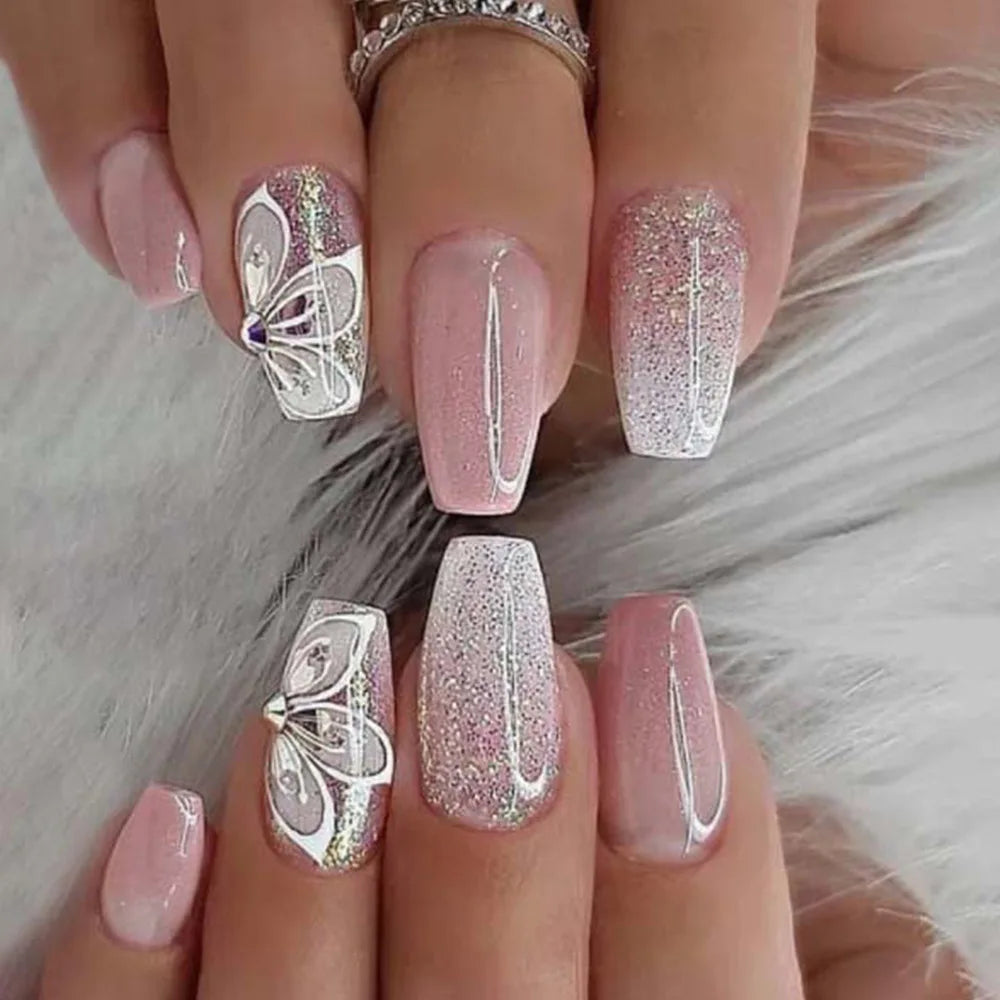 Acrylic Nails Glitter  |Trendy Design  |    softgel nail extension set  |    Short Square False Nails  |  Fashion Ballerina Fake Nails