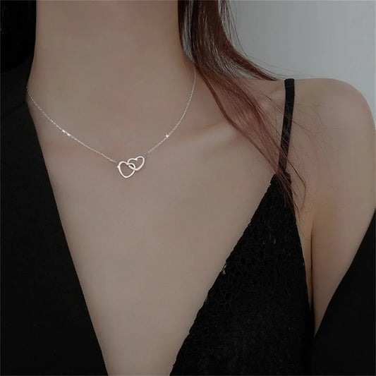 Double Hollow Heart Pendant | Clavicle Chain |  Chain Necklace | Double Heart Necklace  | heart  clavicle chain |  stainless steel necklace jewelry |  Double Heart Necklace Pendant  |  chains heart pendant, |  Simple Heart Necklace |   Hollow Necklace |   heart pendants in silver    