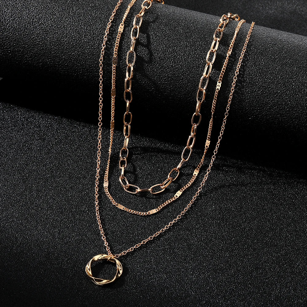 Multi Layered Chains Necklace |  Circle Pendant  |  Chains Necklace | pendant necklaces |Gold Color Multi Layered Chains Necklace | Multi-layer Chain |  Vintage Gold  Chain  |   3 Layered Necklace | Layered Gold Necklaces |  