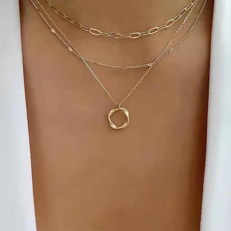 Multi Layered Chains Necklace |  Circle Pendant  |  Chains Necklace | pendant necklaces |Gold Color Multi Layered Chains Necklace | Multi-layer Chain |  Vintage Gold  Chain  |   3 Layered Necklace | Layered Gold Necklaces |  